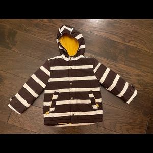 Mini Boden Brown White Stripe Fleece Lined Jacket Coat Parka boys size 5-6, EUC